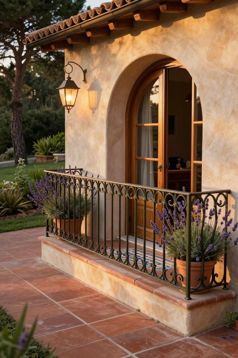 Stucco exterior wall with arched wooden French doors, green wrought iron balcony railing holding terracotta pots of lavender plants, wall lantern, and tiled patio below.
