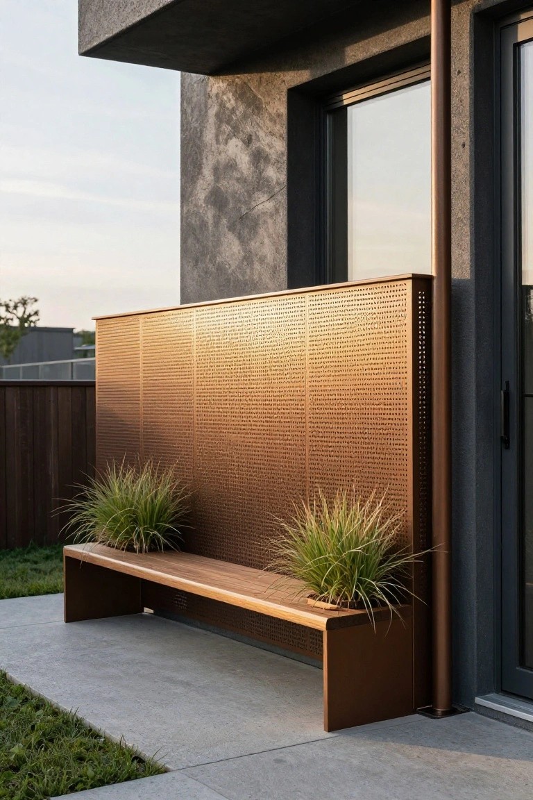 Tall perforated bronze metal screen as balcony railing next to a modern house wall with textured concrete, large window, and glass door, wooden bench with grasses in front on concrete patio edged by grass lawn.