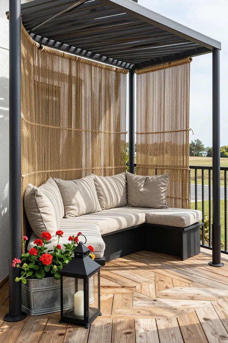 Black metal pergola with beige rope strand curtains enclosing an L-shaped beige cushioned bench on a wooden deck balcony, red geraniums in a metal bucket, black lantern nearby, and black metal railing.