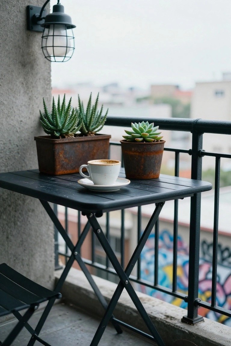 Small black folding table on a concrete balcony with a white cup of coffee on saucer, rusty metal pots of succulents, black metal railing, and city view with graffiti in background.