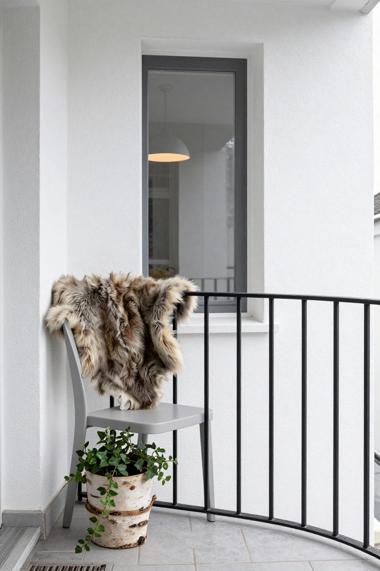 White curved balcony with slim black metal railing, gray chair draped in light brown fur throw, potted ivy plant in birch bark pot, and large gray-framed window nearby.