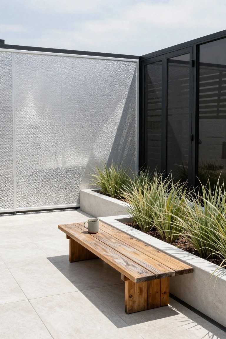 Modern balcony with wooden bench, beige mug on bench, concrete planter box filled with grasses, black slatted metal-framed railings, and perforated silver metal wall panels against tiled floor.