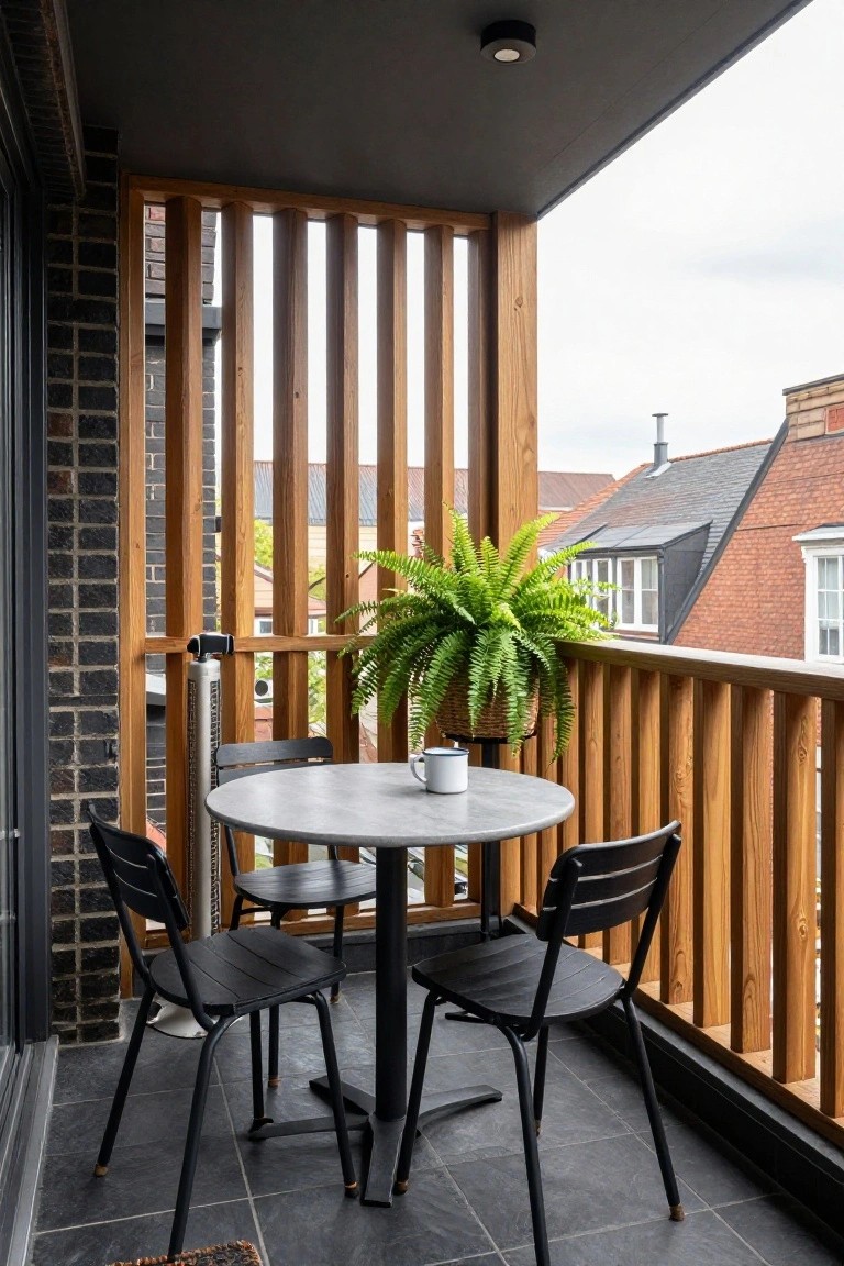 Modern balcony featuring vertical wooden slat screens on the railing, a round gray table with two white mugs, two black metal chairs, a tall green fern plant in a basket, and black tile flooring, with brick buildings visible beyond.