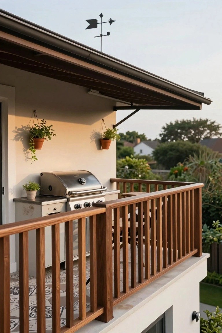 Elevated balcony with wooden vertical baluster railing, stainless steel gas grill on cabinet base, hanging terracotta plant pots, and view of neighborhood houses and trees at dusk.