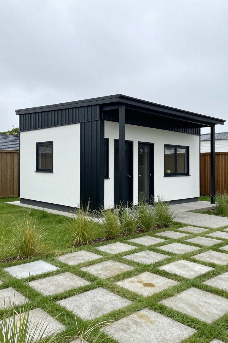 A small modern rectangular house with white plaster walls, black corrugated metal cladding on one side and roof edges, flat roof, black-framed windows and glass entry door, covered porch with posts, concrete paver path with grass joints, ornamental grasses, green lawn, wooden fence, and neighboring house under cloudy skies.
