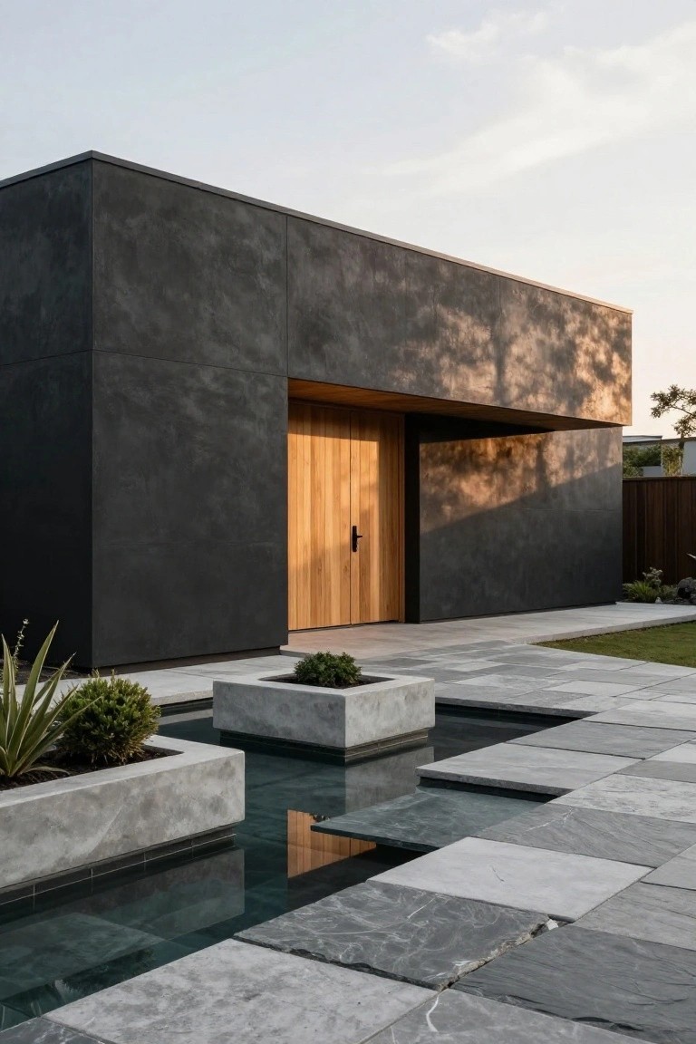 Modern flat-roof house exterior with matte black stucco walls, recessed vertical wooden entry door, grey stone tiled pathway with shallow water feature, and potted agave and boxwood plants.