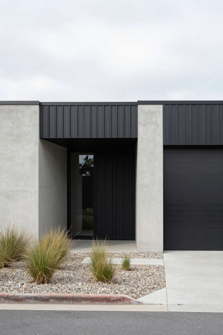 Modern flat-roof house exterior featuring light gray concrete walls, black corrugated metal roofing and cladding, black front door and garage door, with gravel ground cover and ornamental grasses in front.