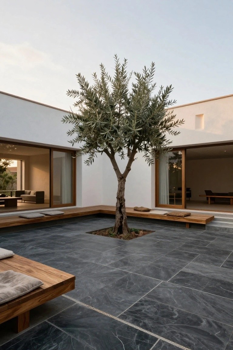 Modern courtyard patio with central olive tree in square cutout, surrounded by wooden benches on black slate flooring, next to white walls and large glass sliding doors of a flat-roof house.
