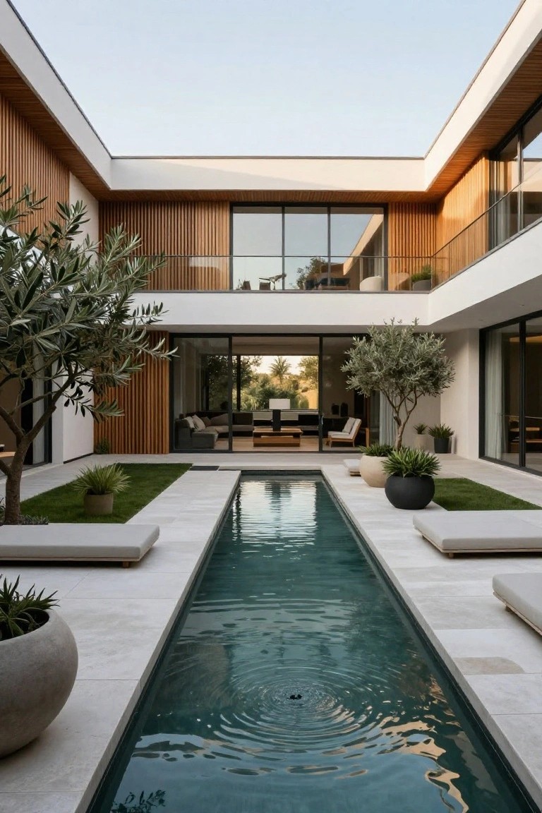 Modern enclosed courtyard with a long narrow green reflecting pool down the center, flanked by stone pavers, low gray benches, potted plants and olive trees, surrounded by white walls, wood cladding, and large glass doors.
