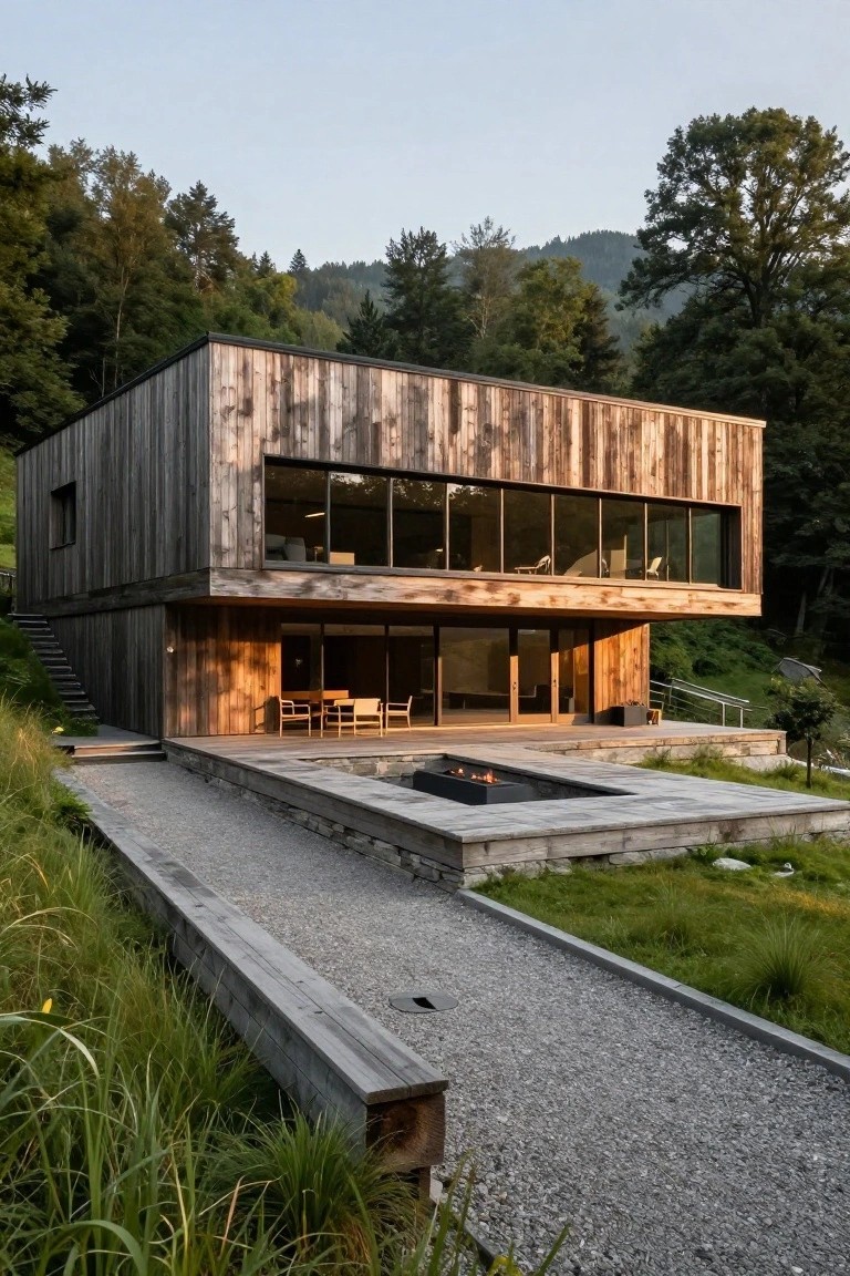 Modern boxy house with vertical dark wood cladding, flat roof, large glass windows and sliding doors on a deck with fire pit, gravel path, and surrounding forest on a hillside at dusk.