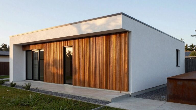 Modern house exterior with flat roof, white stucco walls, vertical timber battens over upper windows, large glass sliding doors on the ground floor, concrete driveway, and low native plantings in the front yard.