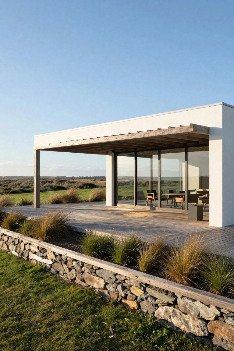 White flat-roofed modern house with wooden pergola over glass-walled deck, surrounded by toih grass plantings, stone retaining wall, and grassy dunes under blue sky.