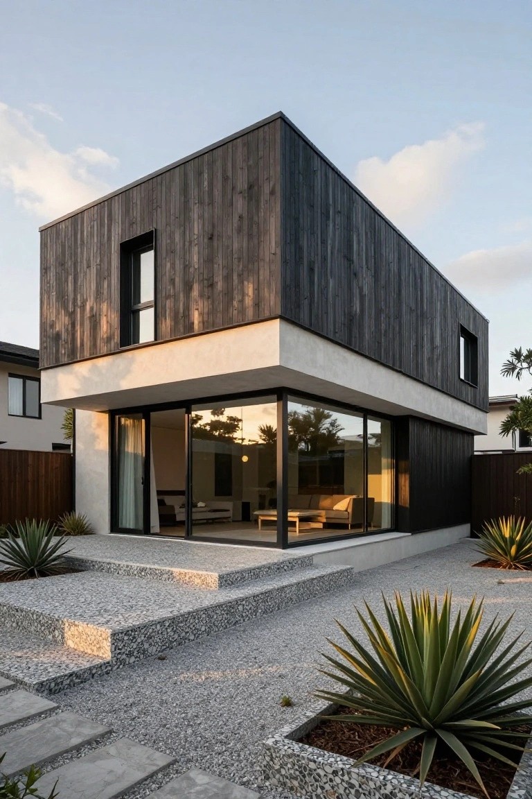 Modern house exterior featuring a flat-roof upper volume clad in dark vertical wood planks over a white stucco base, with large sliding glass doors, pebble steps, gravel yard, and agave plants.