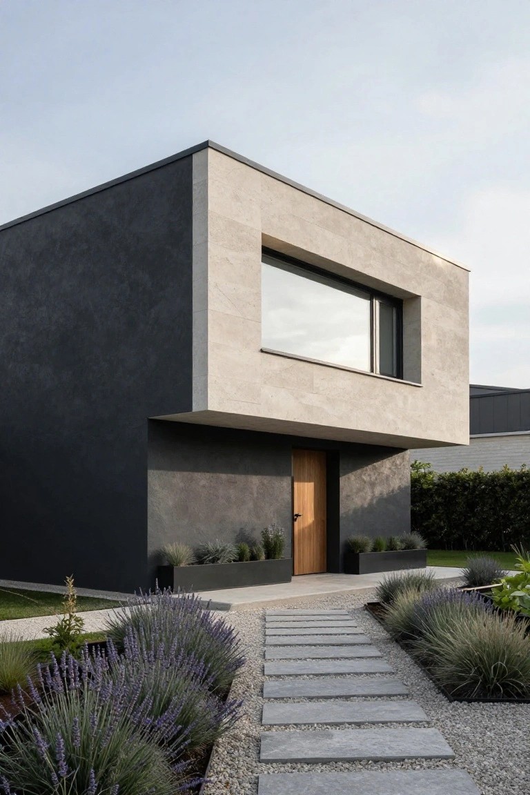 Modern flat-roof house exterior featuring dark textured walls, light beige stone cladding on one side, a large horizontal window, recessed wooden door, concrete pavers path, and lavender plants in gravel beds.
