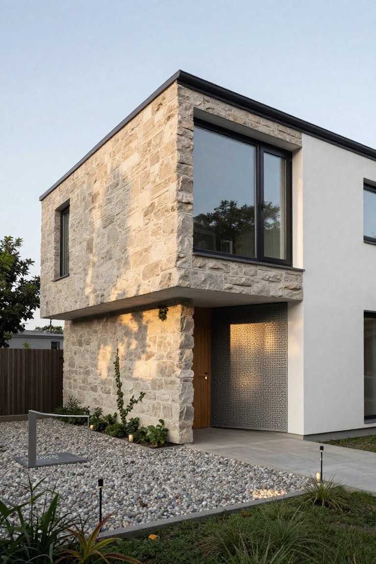 Corner view of a modern flat-roof house with beige stone cladding on the left side and projecting corner, white plaster walls on the right, large black-framed window, perforated metal screen beside a wooden entry door, gravel garden bed with plants and pathway lights.