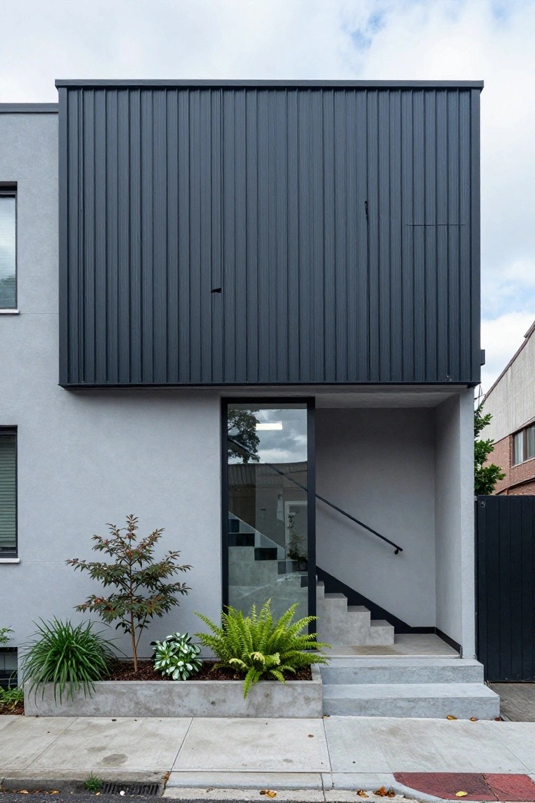 Modern two-story house exterior with dark vertical corrugated metal cladding on the protruding flat-roofed upper volume, light gray rendered lower walls, glass-enclosed concrete entry stairs, and low planting beds along the front sidewalk.