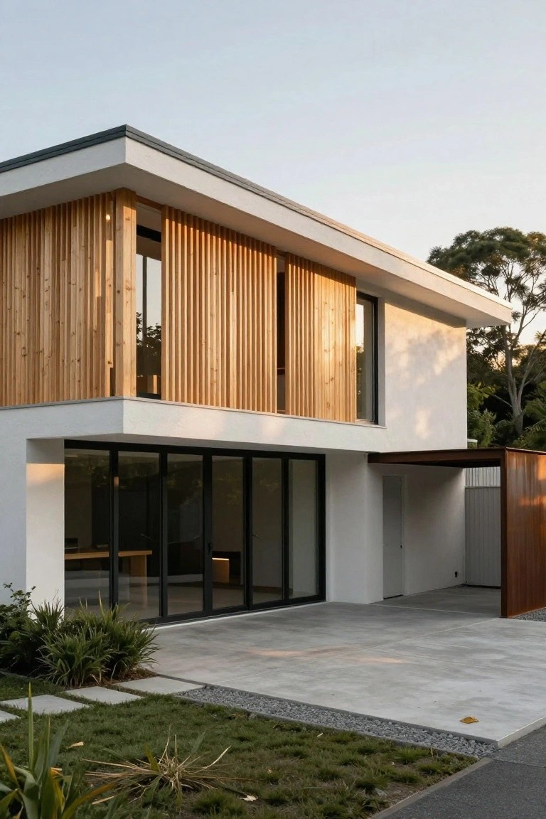 Modern house exterior with flat roof, white stucco walls, vertical timber battens over upper windows, large glass sliding doors on the ground floor, concrete driveway, and low native plantings in the front yard.