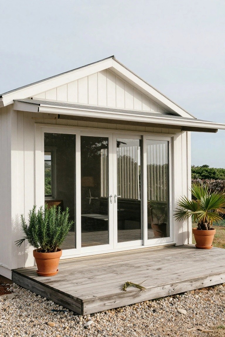 Small white wooden gabled building with sliding glass doors on a raised wooden deck, flanked by potted plants, set on gravel ground with greenery in the background.