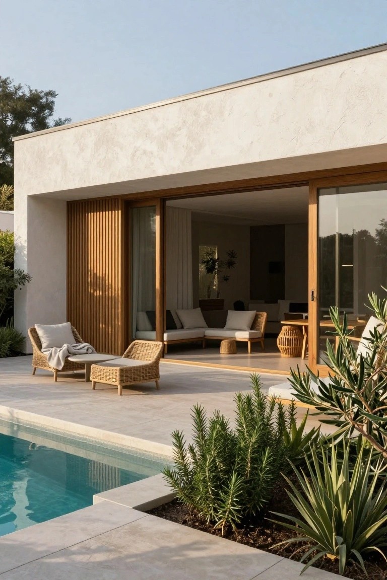 Modern flat-roof house exterior featuring white stucco walls, vertical teak wood cladding around open sliding glass doors, adjacent pool terrace with rattan lounge chairs, and drought-tolerant plants.