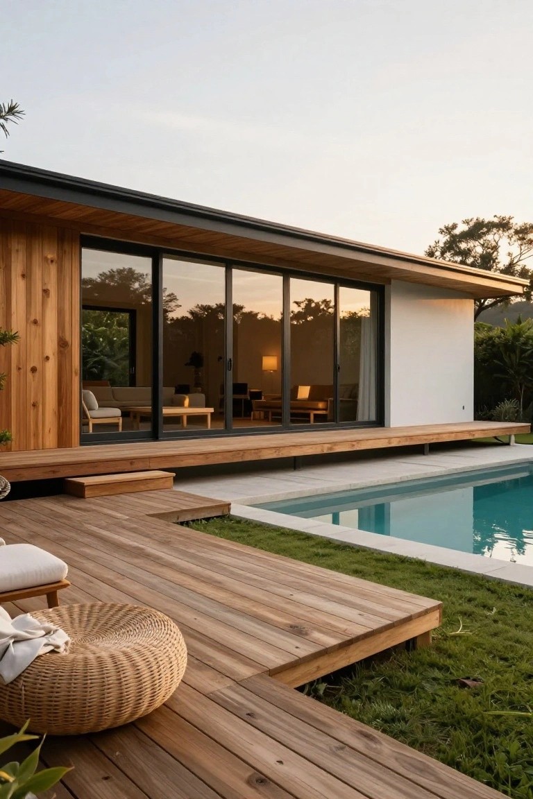 Modern flat-roof house exterior featuring vertical wood cladding on one side, white stucco wall, large black-framed sliding glass doors opening to elevated wooden deck next to rectangular swimming pool, with tropical plants and grass around.