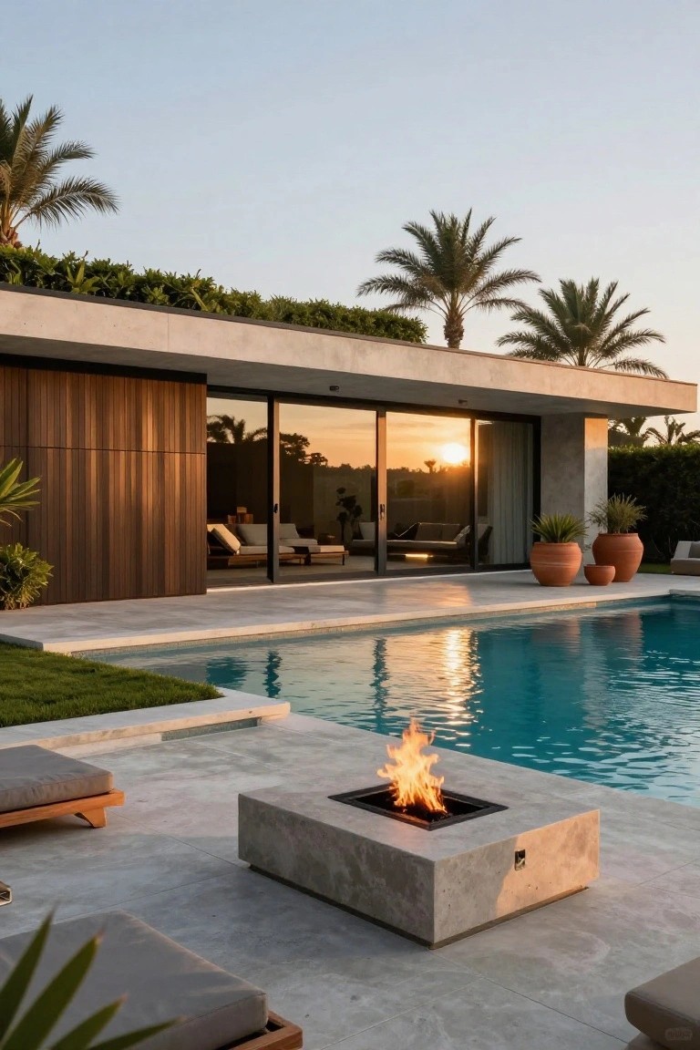 Modern flat-roof house exterior with vertical wood cladding on one wall, large glass sliding doors, infinity-edge pool, square gas fire pit, low outdoor seating, potted plants, and palm trees at sunset.