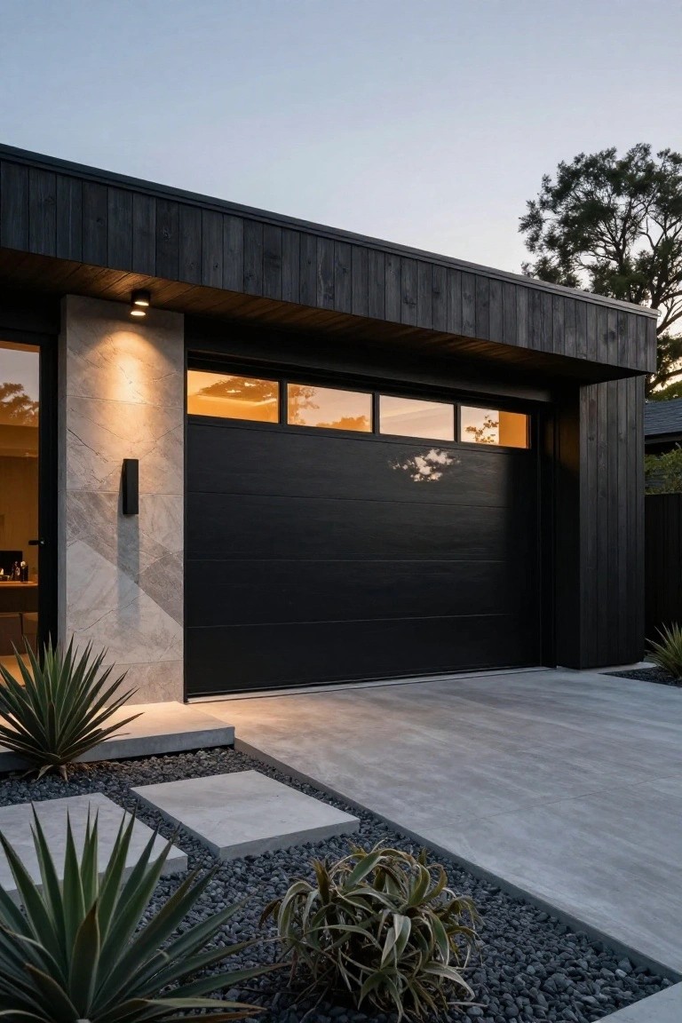 Modern house exterior at dusk with a large black sectional garage door featuring three narrow horizontal windows, flanked by dark vertical wood cladding and a light stone pillar, agave plants and gravel border in the foreground.