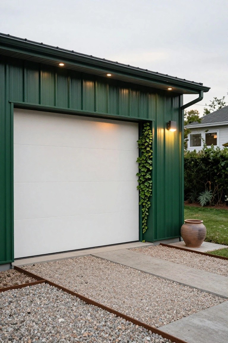 Green corrugated metal garage with large white overhead door, ivy climbing right side panel, wall-mounted light, eaves lights, gravel and concrete entry path, terracotta pot, and backyard hedge in background.