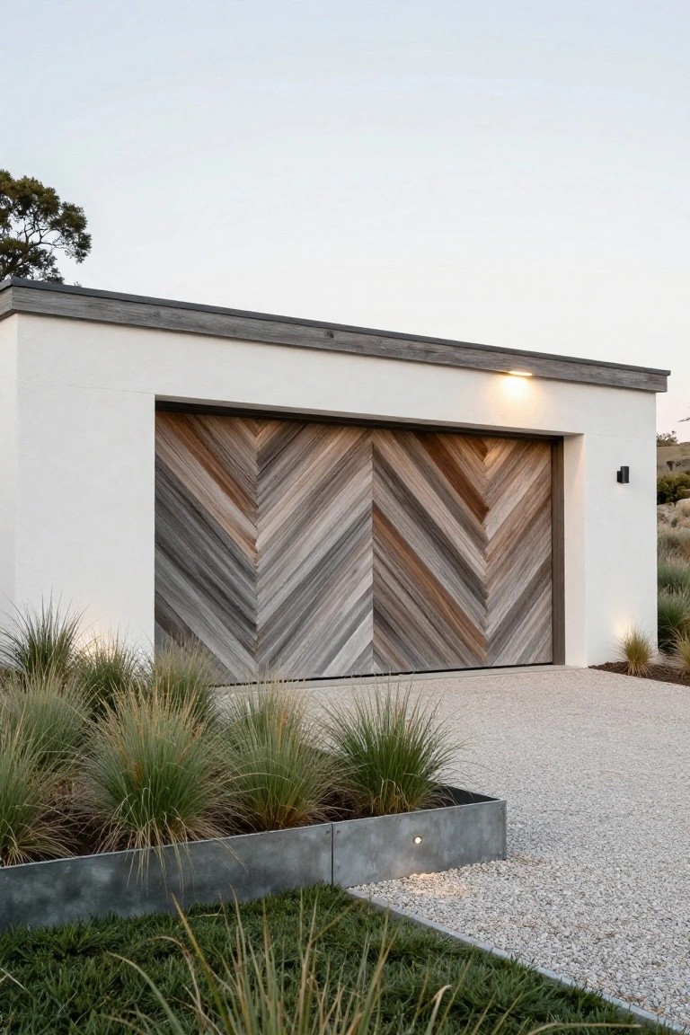 Modern garage with large chevron-patterned wood door on white stucco building, flat gray roof, metal edging for grasses, gravel driveway, and landscape lights.