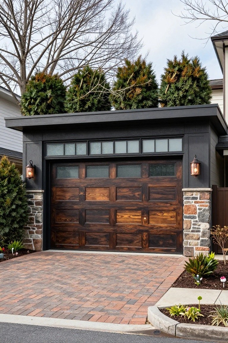 Dark Wood Garage Door with Stone Sides