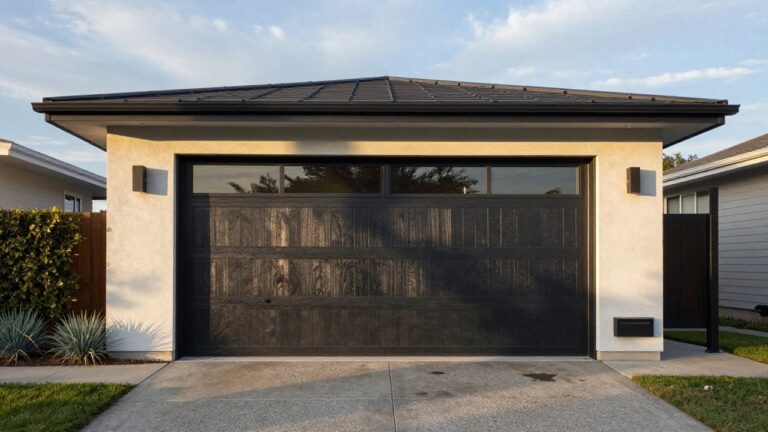 Contemporary house exterior with a garage door of vertical warm wood planks and three black-framed glass panels, light stucco walls, dark metal roof, and low blue plants along the concrete driveway.