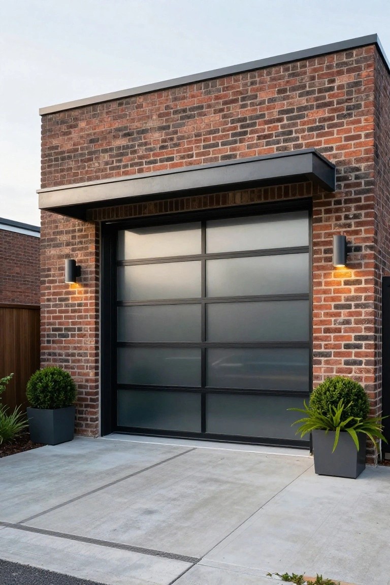 Brick house exterior with a large vertical black-framed frosted glass garage door, flanked by black cylinder wall lights, and gray pots with topiary plants on a concrete driveway.