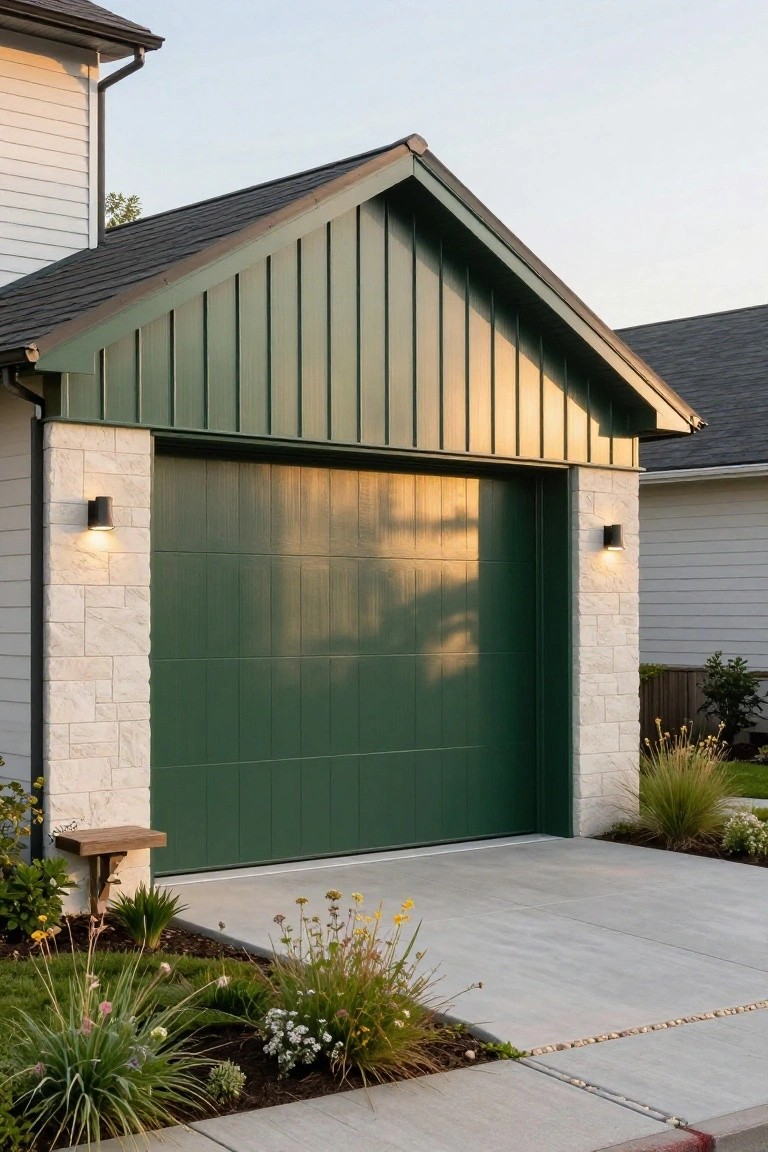 A modern house exterior with a deep green paneled garage door under a green board-and-batten gable, flanked by white stone pillars with black wall lights, white siding on adjacent walls, a concrete driveway, and low ornamental grasses and plants along the edges.