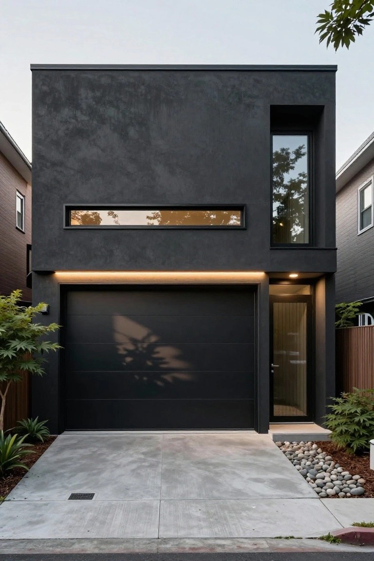 Modern two-story house with dark stucco exterior, large matte black garage door, narrow horizontal window above, tall vertical window on side, glass entry door, LED strip lighting, concrete driveway, and plants nearby.