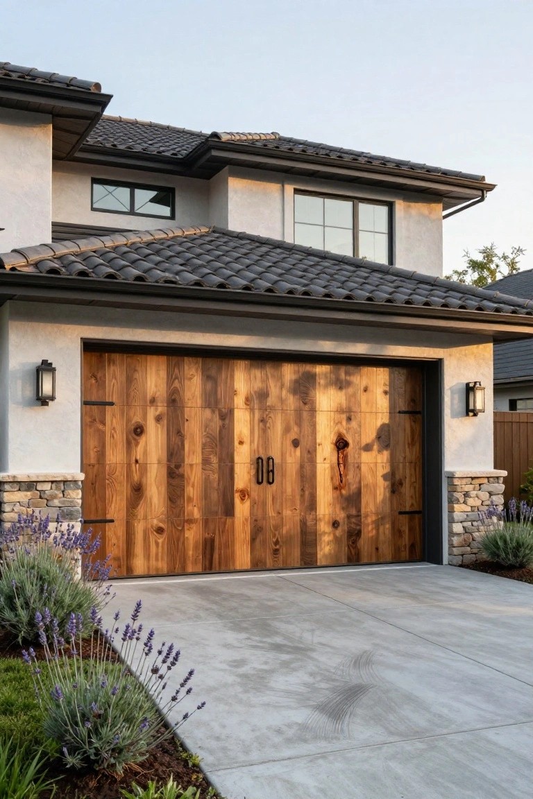 Modern stucco house exterior with a large vertical-plank wooden garage door, black hardware, stone pillar accents, lantern lights, and lavender plants beside the driveway.