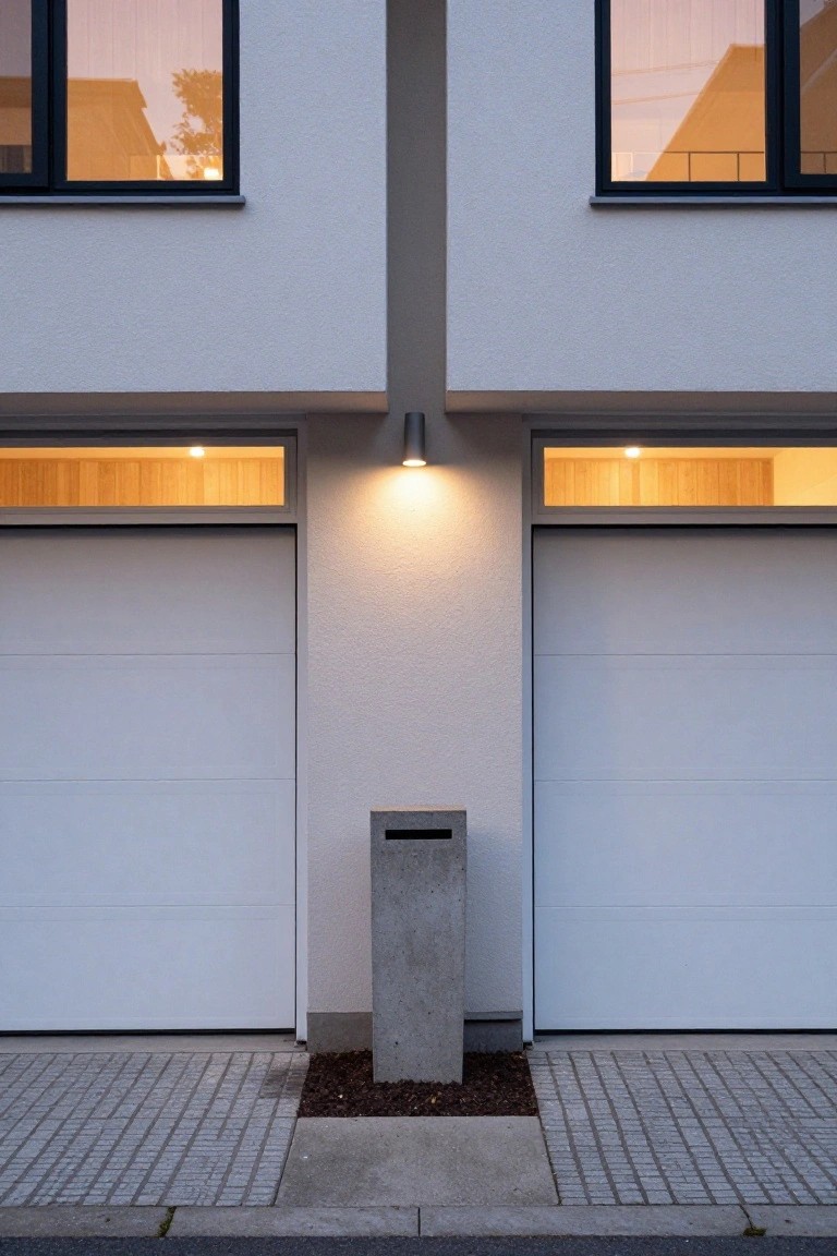 White modern house exterior featuring two adjacent white panel garage doors with wood transom windows above, flanked by wall lights and a concrete mailbox post between them on a paved driveway.