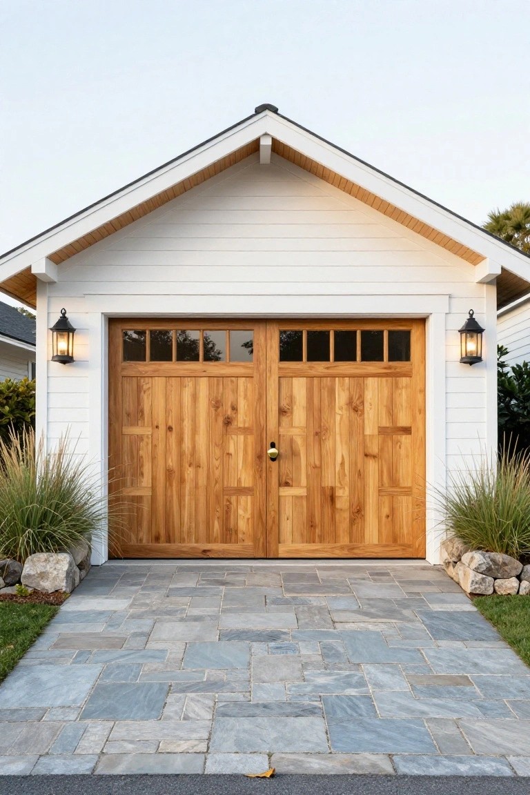 White shiplap detached garage with double wooden doors featuring five glass panes each, brass door handles, black lantern lights on sides, flanked by ornamental grasses and rocks on a slate paver driveway.