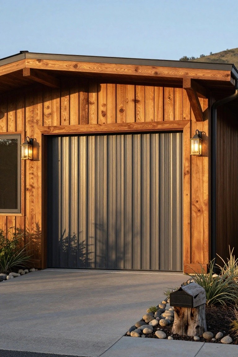 Garage exterior with vertical warm-toned wooden siding, closed gray corrugated metal door, matching lanterns on wood posts, plants and rocks in gravel bed beside concrete driveway, and hillside in background.