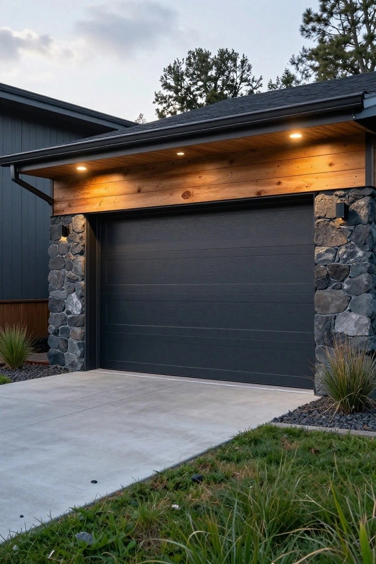 Modern house exterior featuring a dark gray garage door flanked by stone pillars under a wooden beam overhang with recessed lights, dark siding, and gravel landscaping.