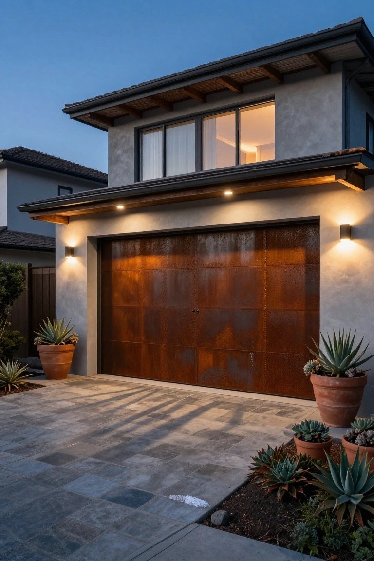 Modern two-story house exterior at dusk with large corten steel garage door, stucco walls, wood beam overhang, wall lights, and potted agave plants on concrete paver driveway.