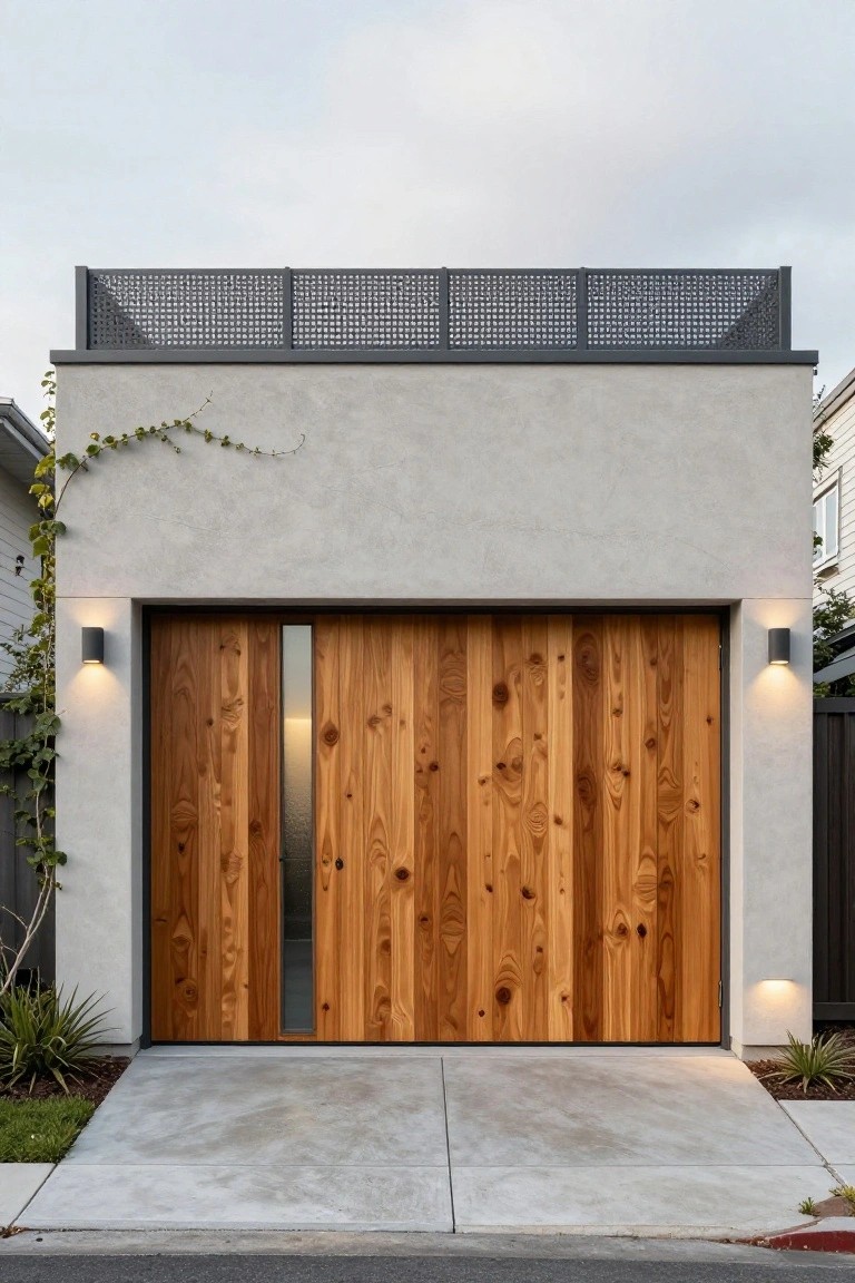 Modern house exterior with light gray stucco walls, a tall wooden garage door featuring vertical planks and a narrow vertical glass panel, ivy vines on one side, pathway lights, and a concrete driveway.