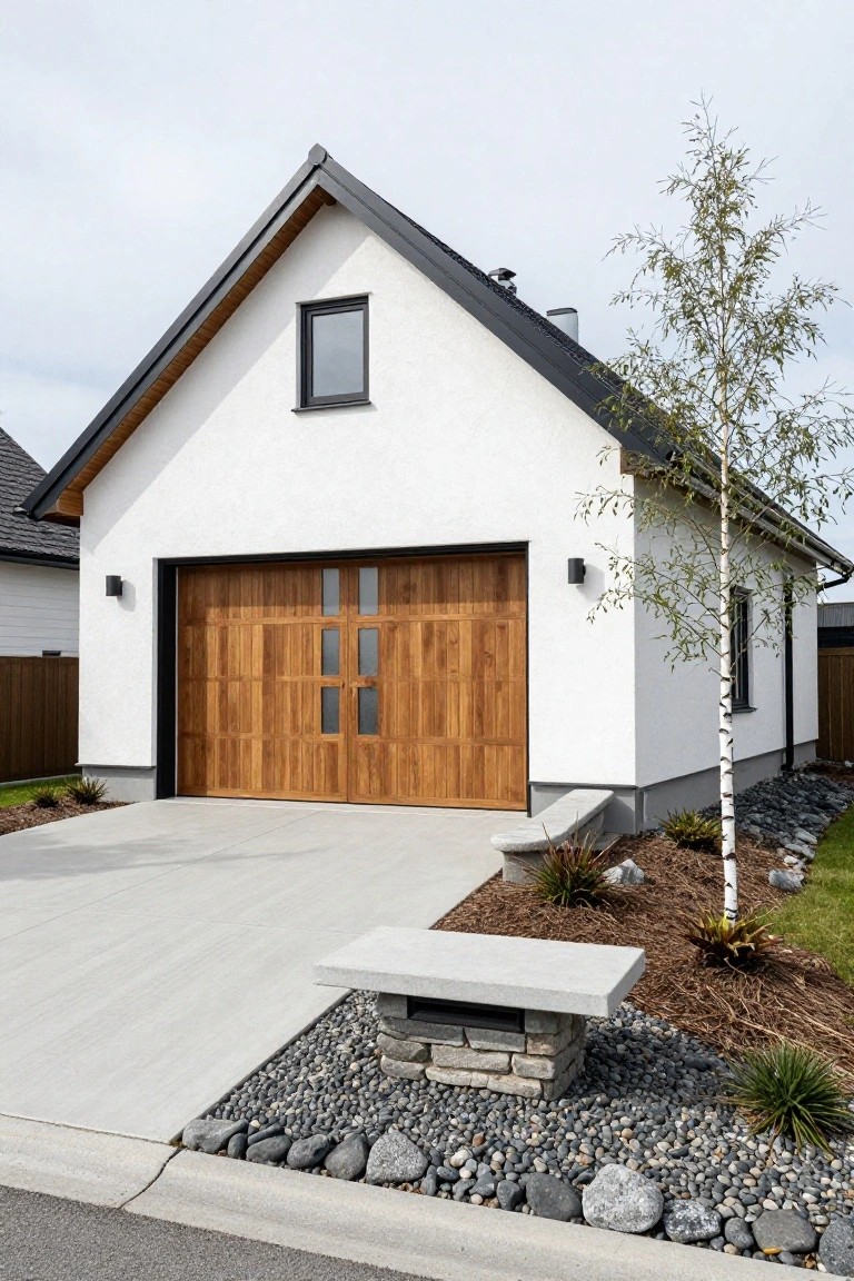 Modern white single-story house exterior featuring a large wooden garage door with vertical slats and glass inserts, flanked by black wall lights, concrete driveway, stone bench, and gravel landscaping with plants.