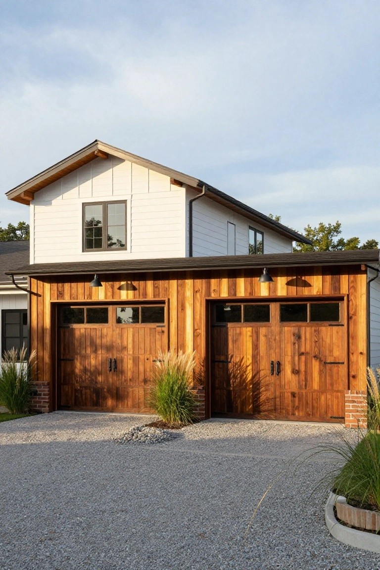 A modern house exterior with a detached two-car garage featuring tall wooden plank doors with glass windows, white shiplap siding above, black trim, gravel driveway, and pampas grass plantings on either side.