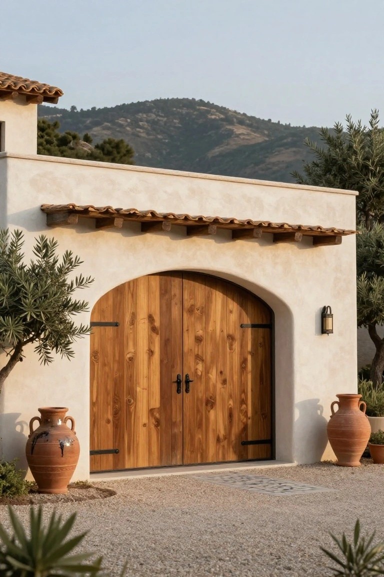 Arched Wooden Garage Doors on Stucco Facades