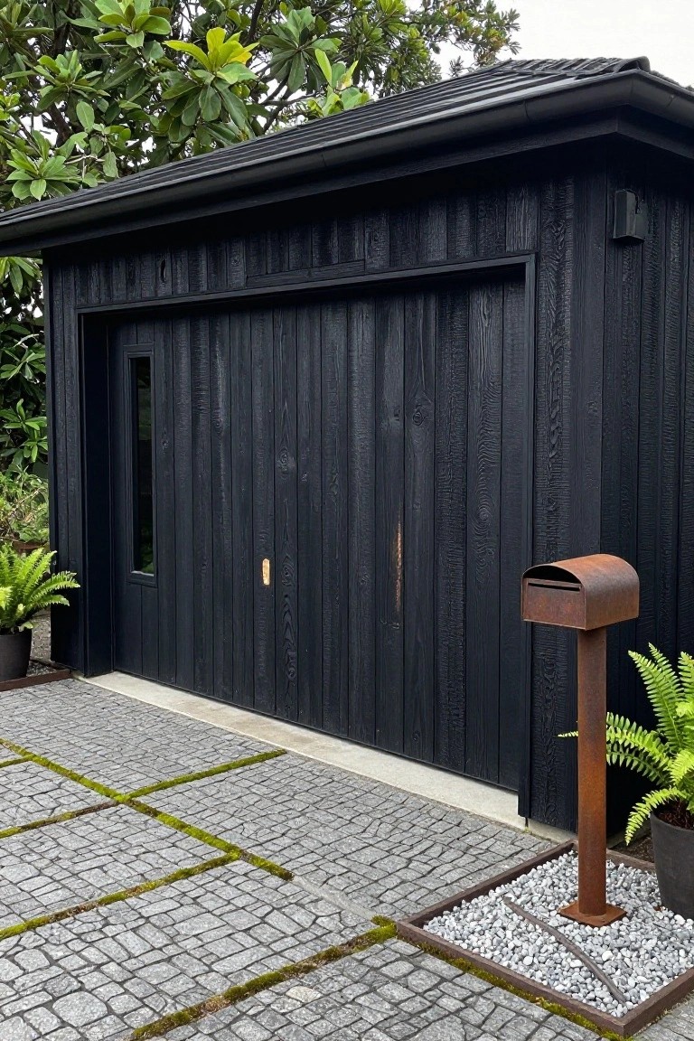 Black charred vertical wood plank garage with large door, slim window, brass door pulls, rusty metal mailbox on post, ferns in pots, stone paver path, and gravel bed beside it.