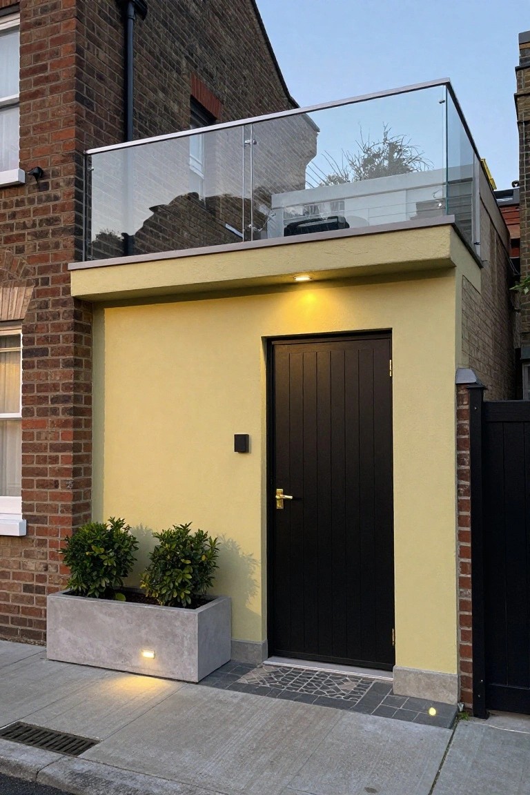 Yellow rendered wall with black paneled garage door, gold handle, glass balcony above, potted shrubs in concrete planter, path lights, and black fence beside brick houses at dusk.