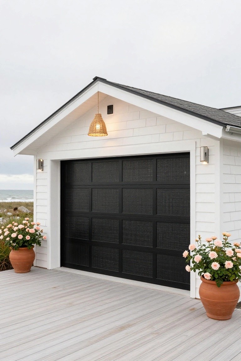 White shiplap garage with large black grid-paneled door, rattan pendant light above, wall sconces flanking, terracotta pots of pink roses on sides, light gray deck, ocean and dunes in background.