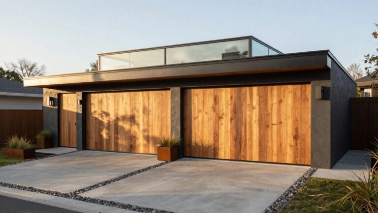 Detached modern garage structure featuring dark textured stucco walls, a tall vertical cedar wood sliding door, a large glass window beside it, concrete paver patio with pebble accents, corten steel planters with grasses, and surrounding trees.