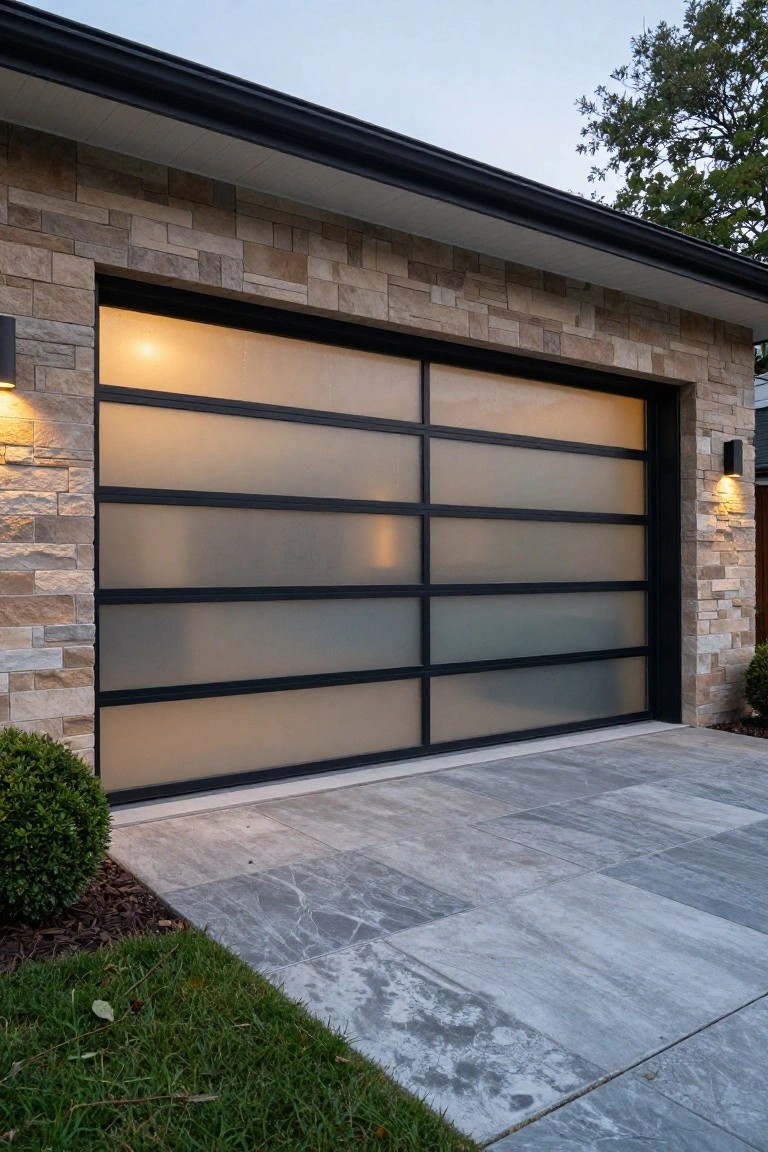 Modern house garage door with vertical frosted glass panels in black frames against beige stone walls, flanked by wall lights, paved driveway, shrubs, and grass edging.