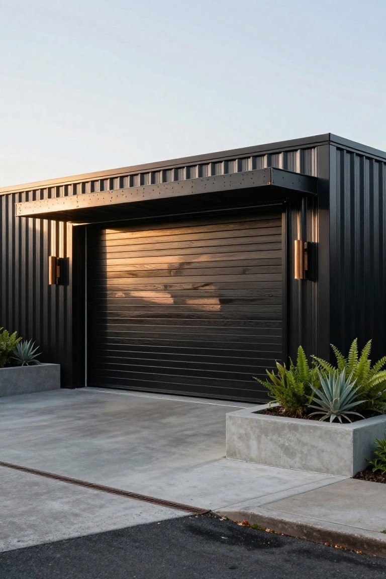 Black corrugated metal garage structure with wooden slat roller door, copper wall lights on either side, and concrete planters holding agave plants beside a concrete driveway.