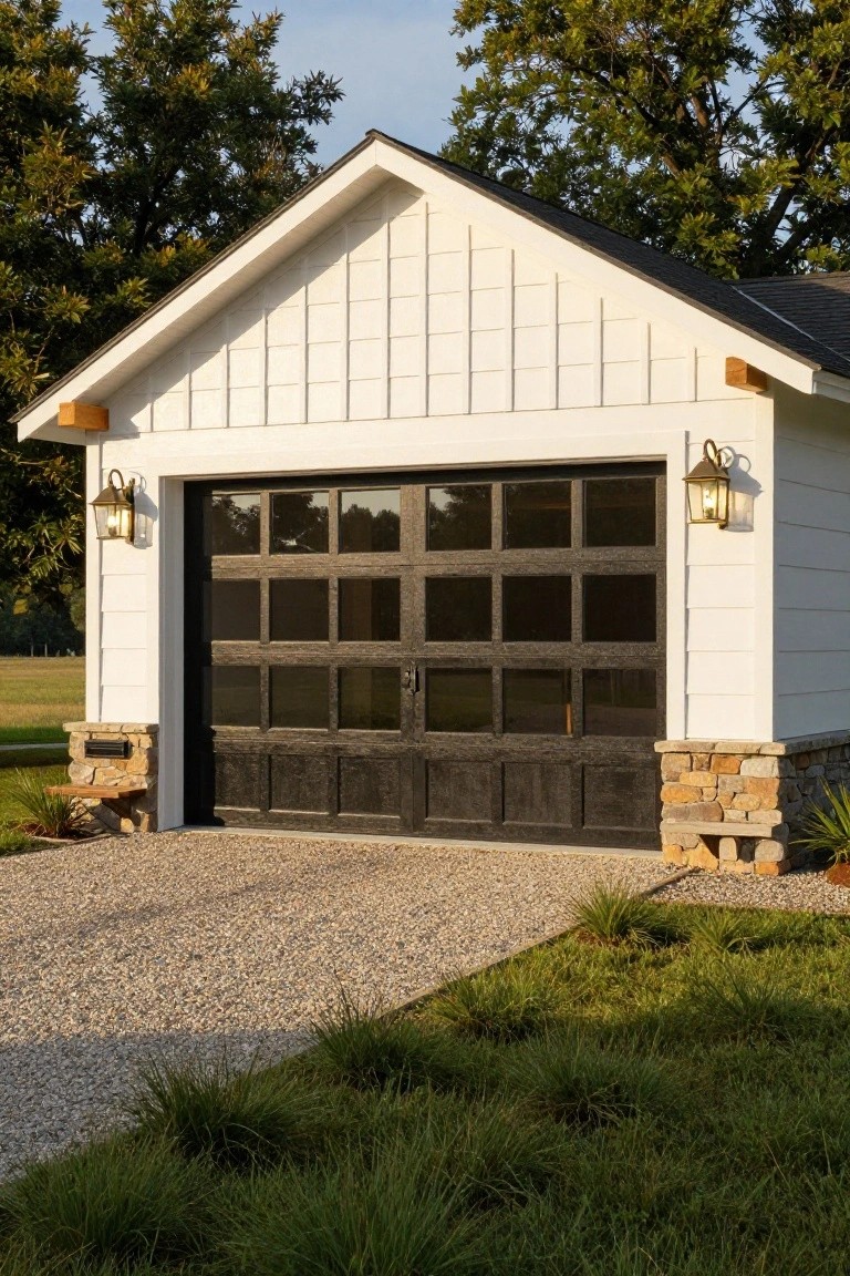 Detached single-car garage with white board-and-batten siding, black glass-paneled overhead door, stone base accents, wall lanterns, gravel driveway, low grasses, and trees in background.